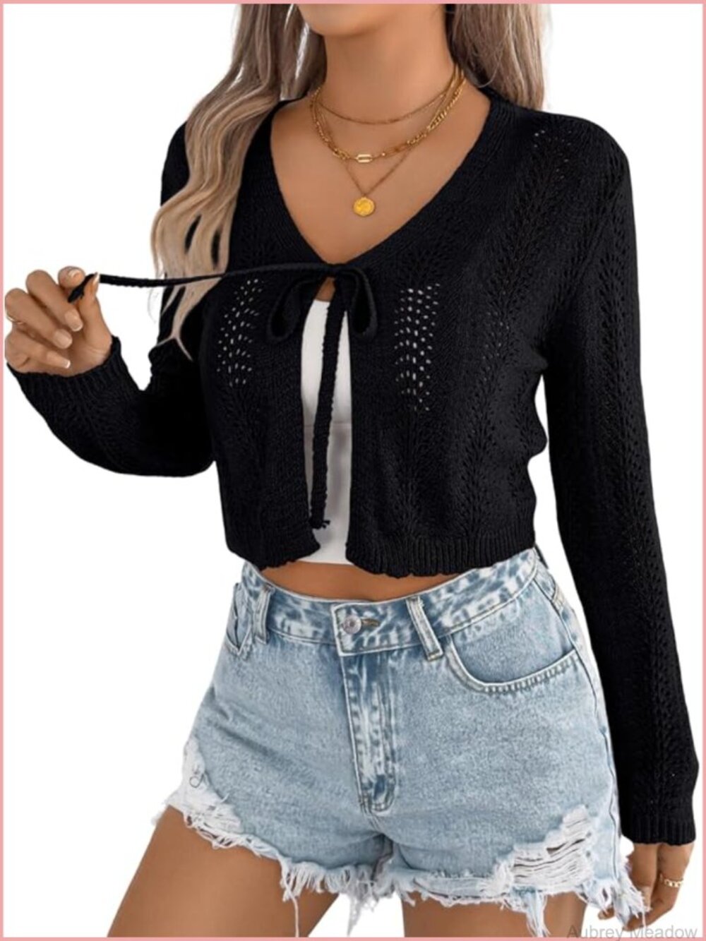 Lightweight Cropped Crochet Cardigan Tie Front V-Neck Hollow Out Knit Top - Picture 1 of 7